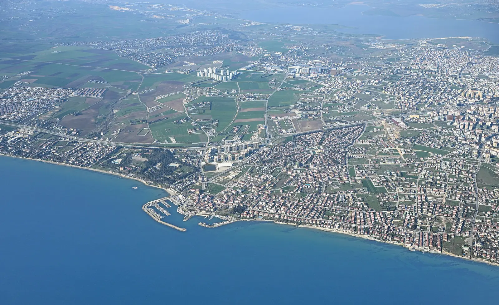 Aerial view of the Buyukcekmece coastline and neighbourhoods in western Istanbul
