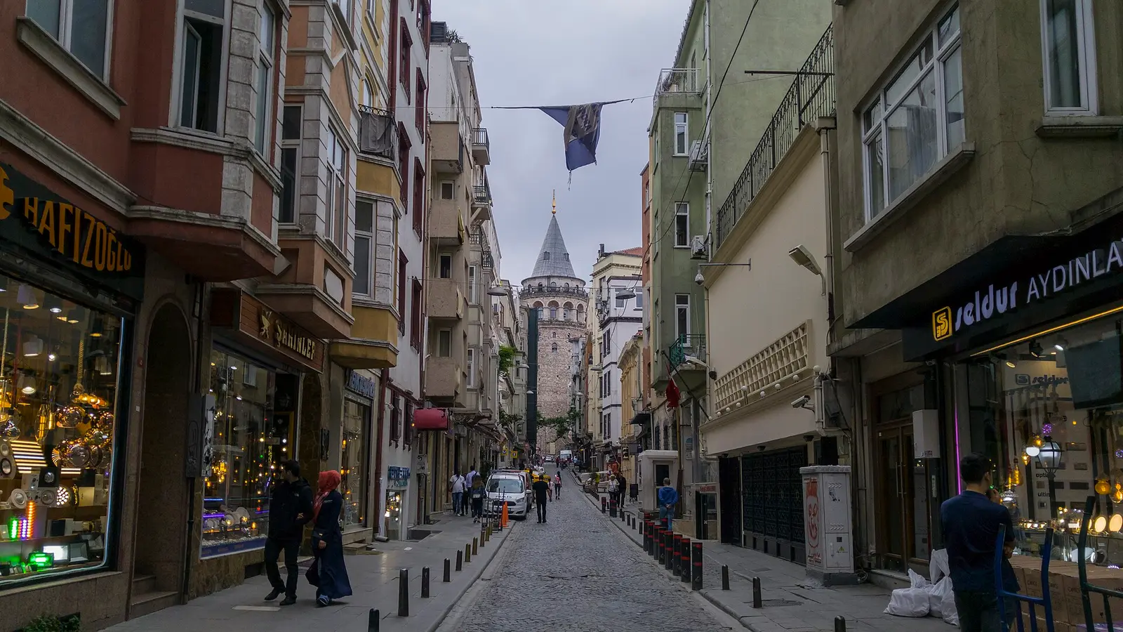 Narrow street in Galata, Istanbul, leading to the medieval Galata Tower