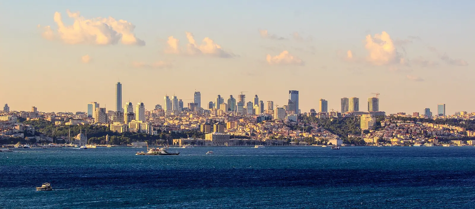 Skyscrapers of modern Istanbul seen across the Bosphorus at sunset