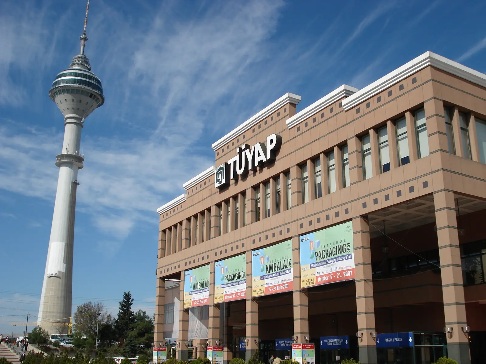 Front of the Tüyap Fair, Convention and Congress Center in Büyükçekmece with the Endem TV tower beside it